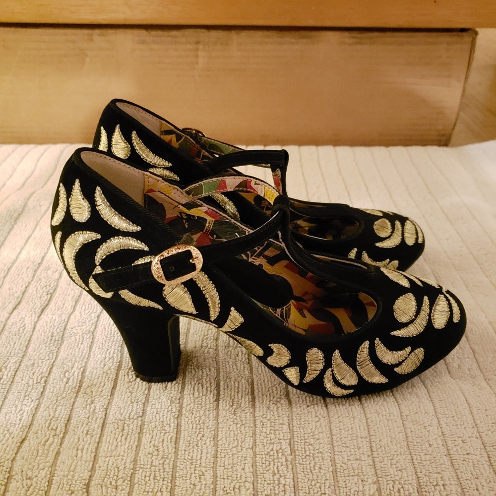 Miss L Fire | Black Embroidered Mary Jane Heels